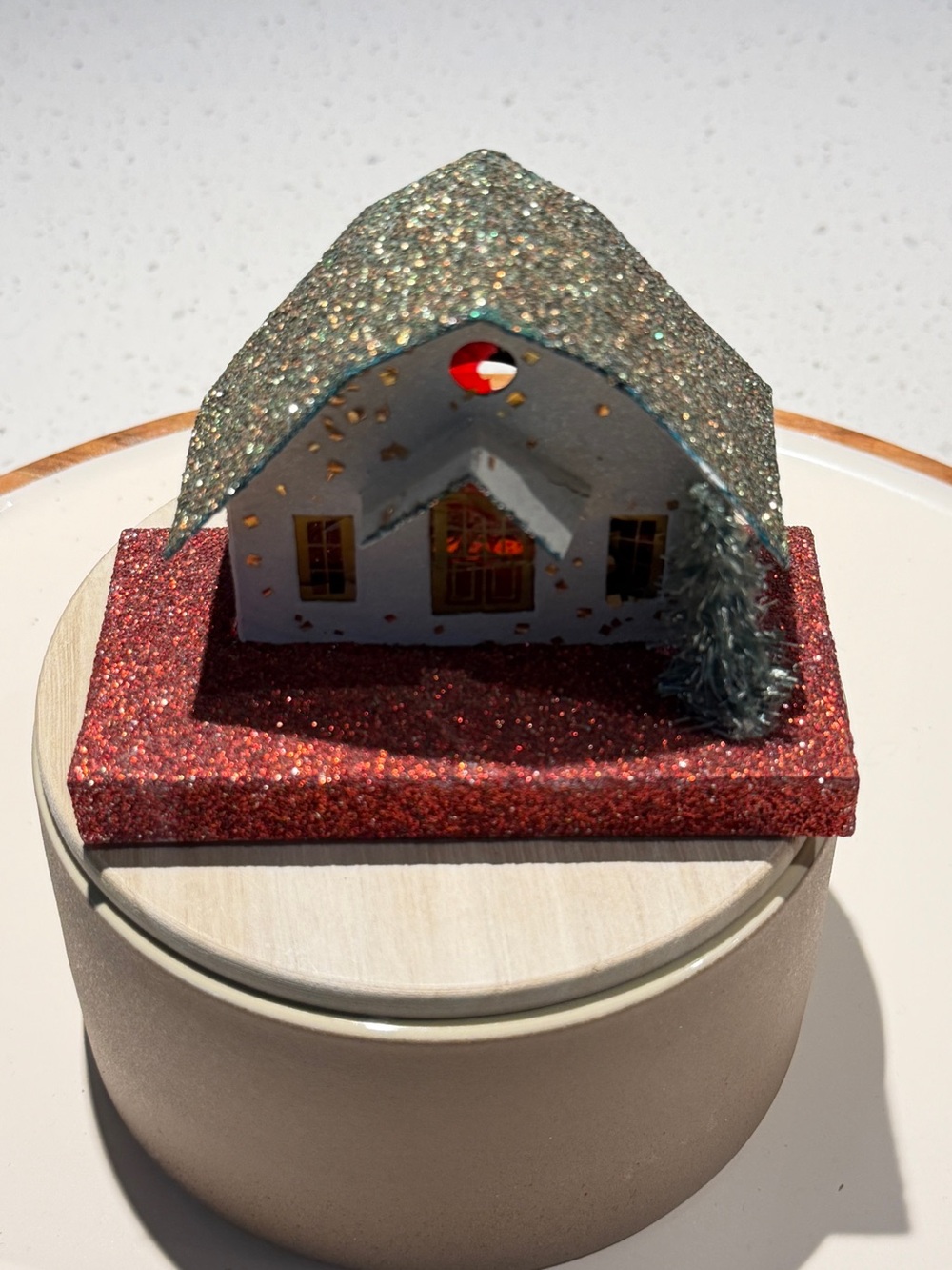 Vintage Antique Putz Japan Mica Glitter Christmas House with Tree